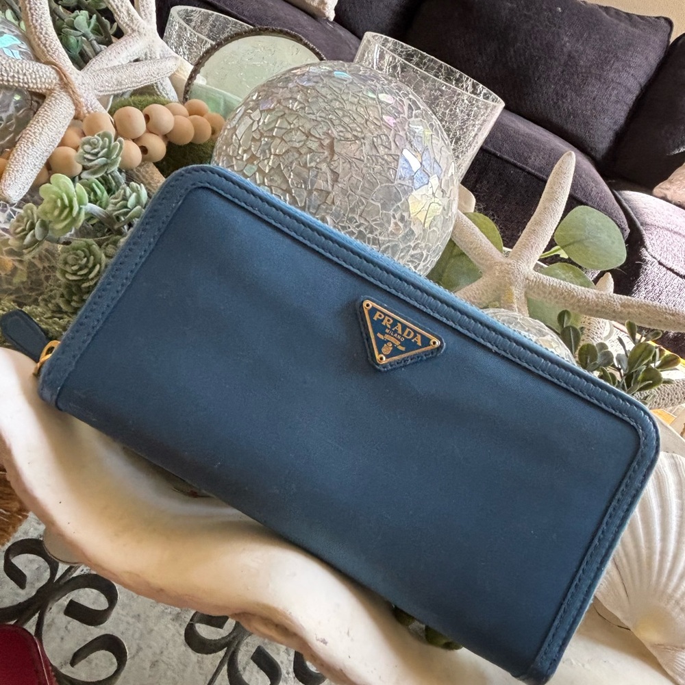 Prada sky teal Blue Women's long Wallet zippy nylon clean leather interior COA
